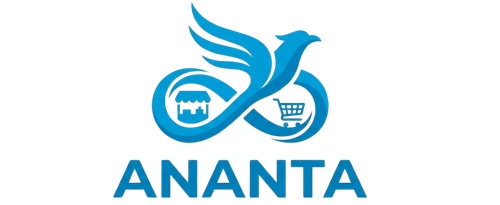 Logo of Ananta Marketplace with a blue bird and icons on a white background